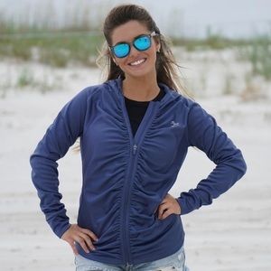 Running Jacket Fleece Hoodie with Ponytail Window Ruched Zip Front Blue Large